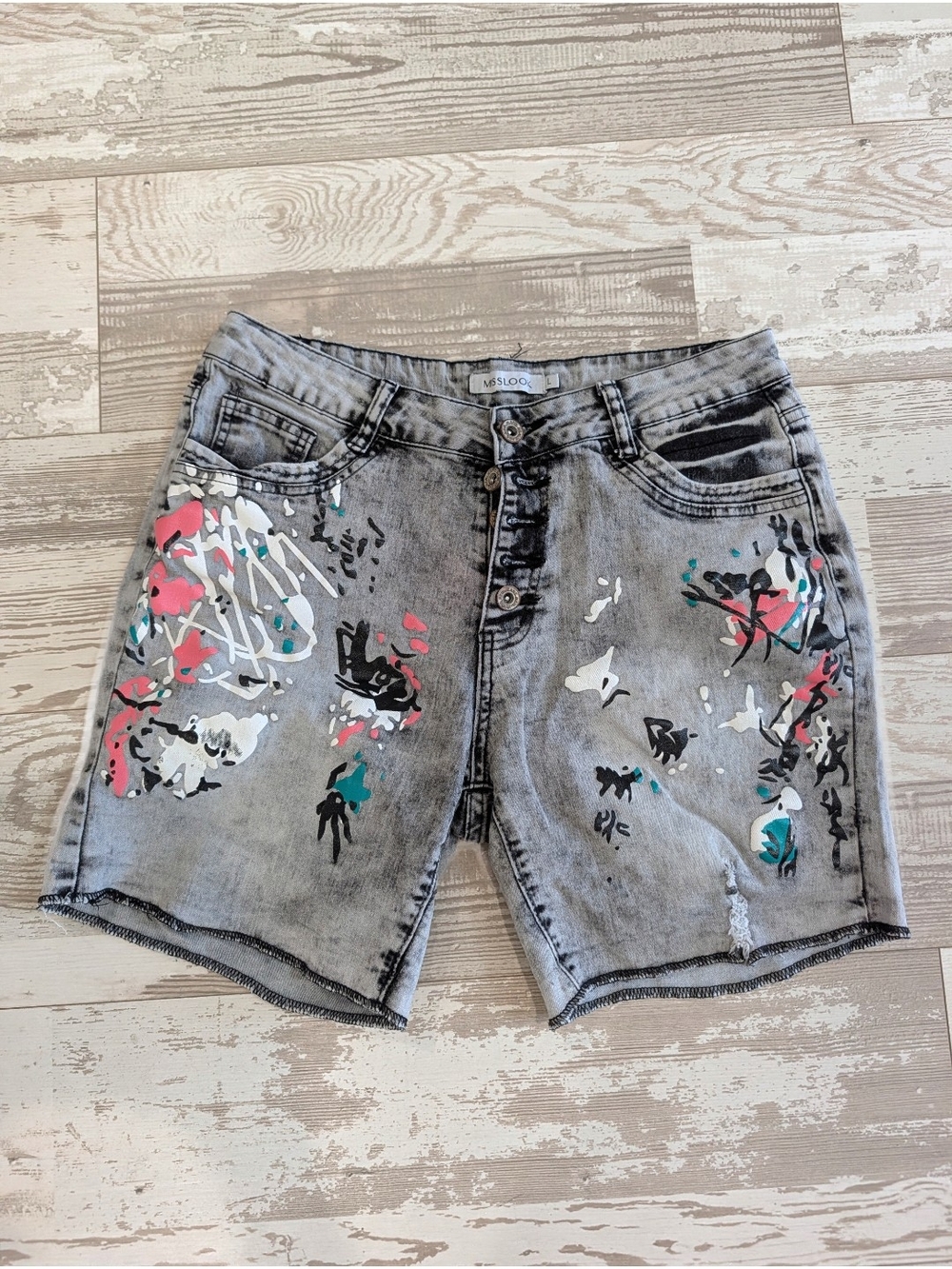 Paint-Splatter Gray Denim Shorts -